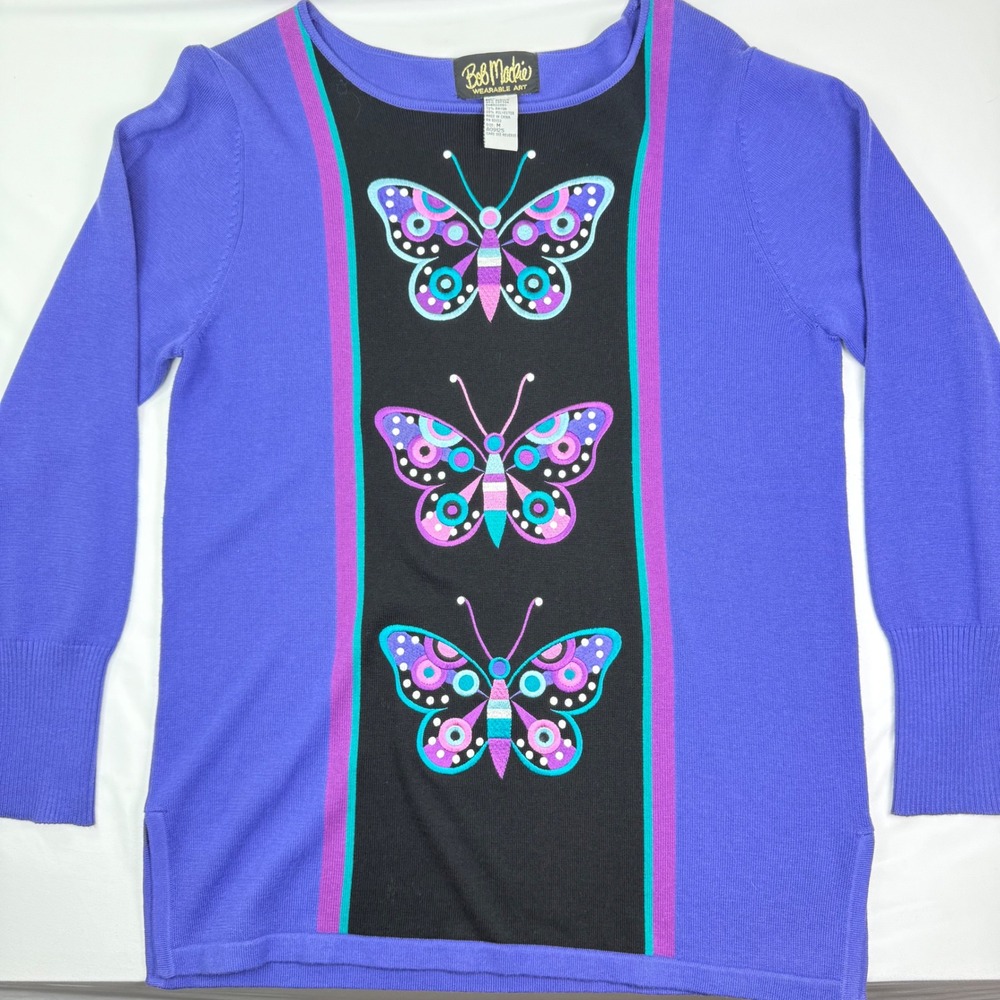 Bob Mackie Wearable Art Purple Butterfly Embroidered Sweater Medium A09125